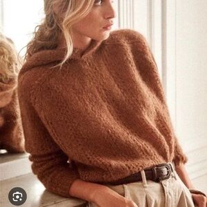 Sezane Sweater Serena Pullover Kid Mohair Fuzzy Cable Knit Camel
